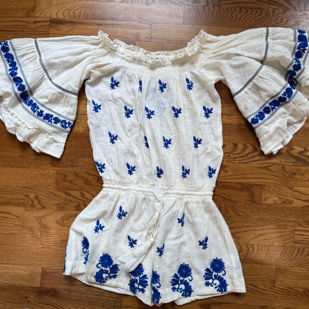 Anthropologie White Off-Shoulder Romper with Blue Floral Embroidery